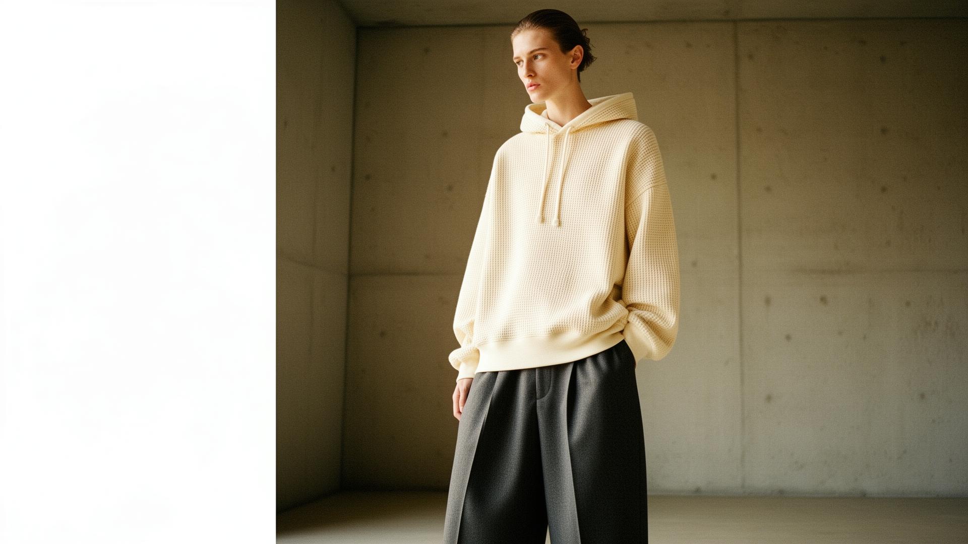 Knot & Nomad editorial — oversized cream hoodie and wide-leg trousers