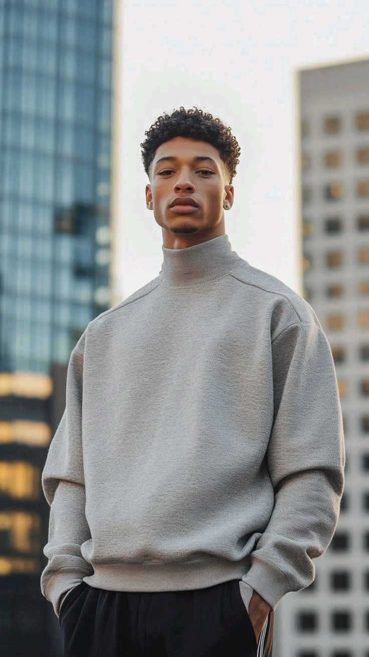 Heavyweight mock-neck sweater in the city